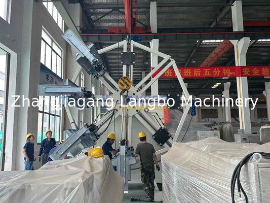 เครื่องม้วนท่อพลาสติก HDPE แบบสองสถานี พร้อมเครื่องรัดอัตโนมัติสำหรับเครื่องอัดรีดท่อ PE